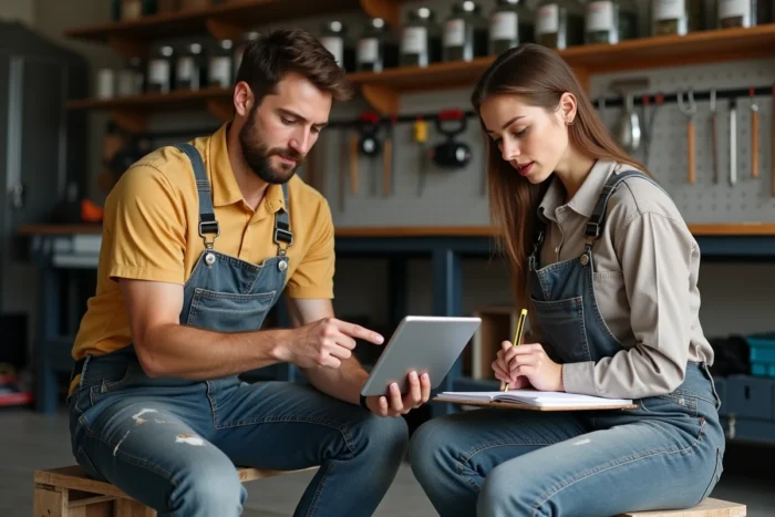Couple de bricoleurs comparant un blog et un forum de bricolage sur une tablette dans un garage atelier