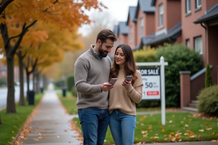 Couple debout devant une maison vendue consultant un smartphone avec les prix immobiliers du quartier