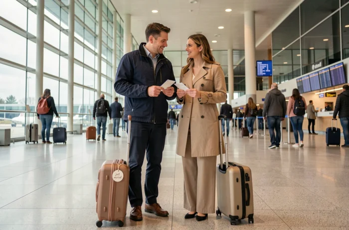 Couple de mariés à l'aéroport avec leurs valises et leurs cartes d'embarquement pour leur voyage de noces