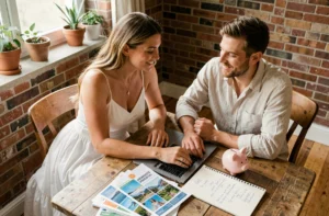 Couple de jeunes mariés planifiant le budget de leur voyage de noces avec des brochures et un cahier de notes sur une table en bois