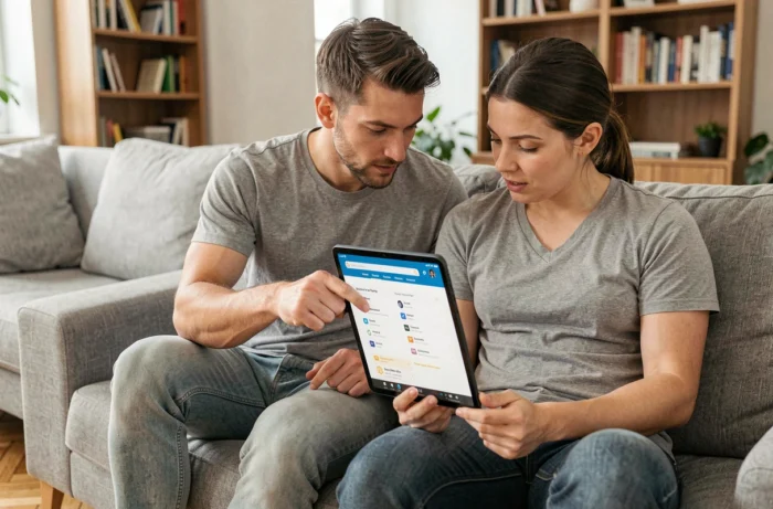 Couple cherchant un bien immobilier en naviguant sur le plan du site Immo Relax depuis une tablette dans leur salon