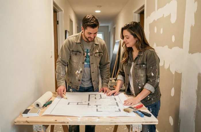 Couple examinant des plans de rénovation dans un couloir en cours d'aménagement intérieur