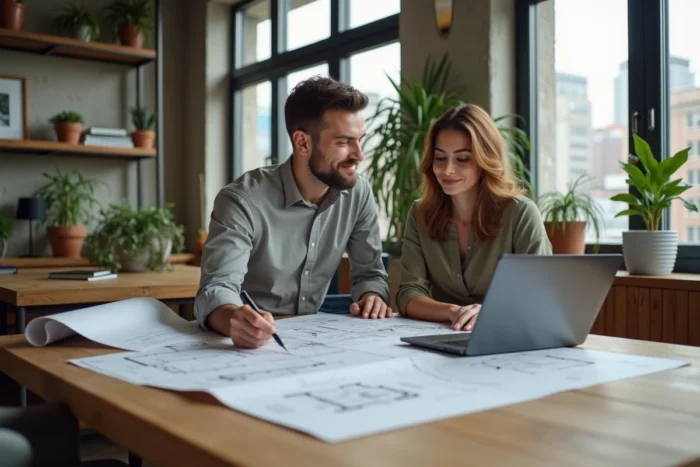 Jeune couple étudiant des plans immobiliers et des documents de vente dans un appartement contemporain