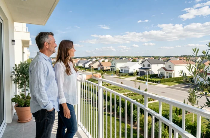 Couple de futurs propriétaires sur le balcon d'un immeuble résidentiel neuf contemplant leur quartier
