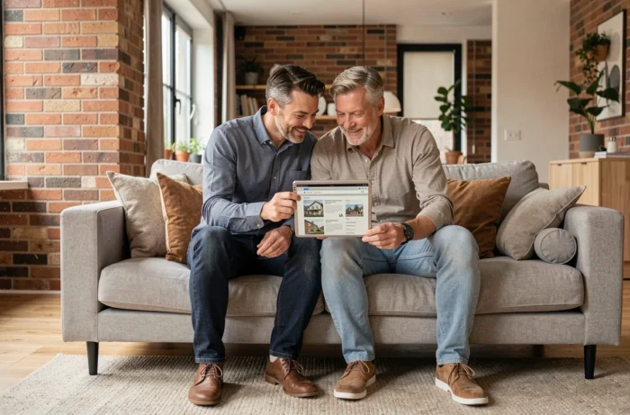 Couple recherchant des biens immobiliers en ligne sur une tablette dans leur salon