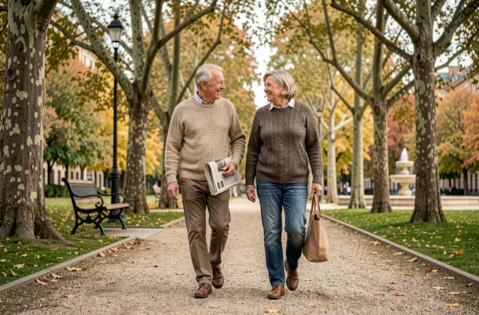 Couple de retraités se promenant sereinement dans un parc, illustrant une retraite confortable en France