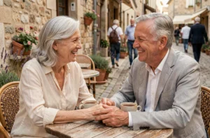 Couple de seniors élégants se tenant la main dans un café de village français, souriant et complices, illustrant le mariage tardif après 70 ans