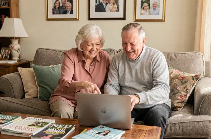 Couple de seniors partageant un ordinateur portable dans leur salon pour s'informer en ligne