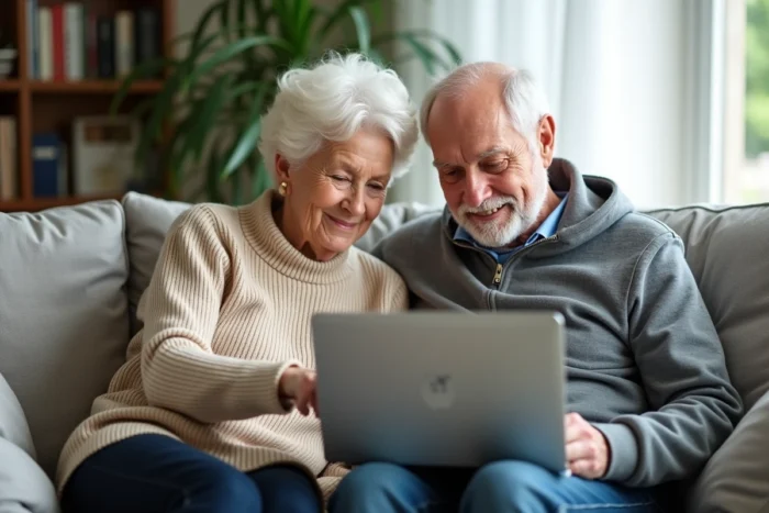 Couple de retraités naviguant ensemble sur un ordinateur portable dans leur salon, illustrant l'aide à la navigation Internet pour les seniors