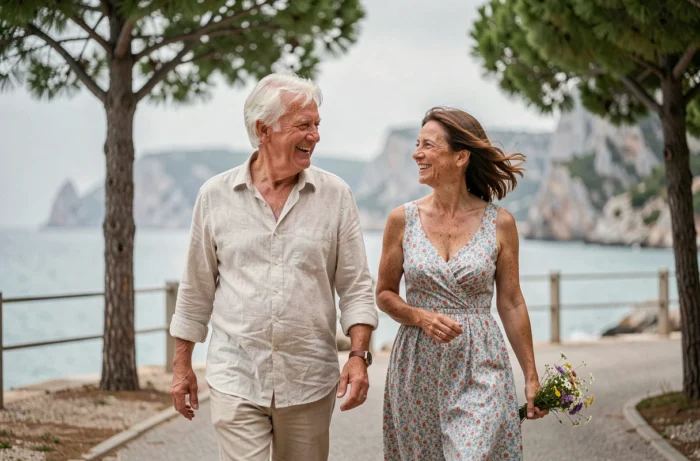 Couple de personnes âgées marchant ensemble sur une promenade en bord de mer, évoquant la vie de couple épanouie et le remariage après 70 ans