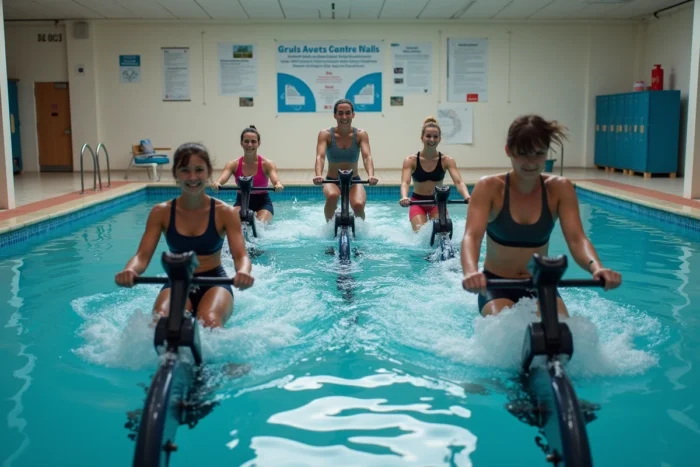 Cours collectif d'aquabike animé par une coach dans une piscine publique de Boulogne-Billancourt