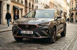 Cupra Formentor gris magnétique garé en ville sur pavés, vue trois-quarts avant avec détails cuivrés emblématiques