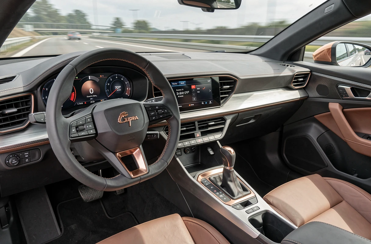 Intérieur du Cupra Formentor avec volant sport, cockpit numérique et console centrale avec finitions cuivrées