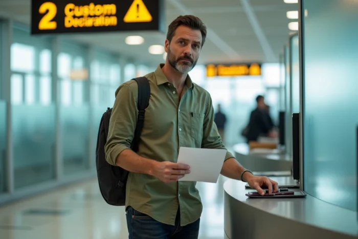 Voyageur remplissant une déclaration de douane avec une enveloppe d'argent liquide visible à l'aéroport