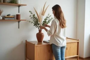 Femme arrangeant des branches séchées dans un vase en terre cuite dans un salon scandinave minimaliste