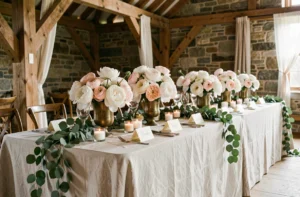 Décoration de table de mariage élégante avec pivoines, bougies et couronnes d'eucalyptus dans une grange rustique