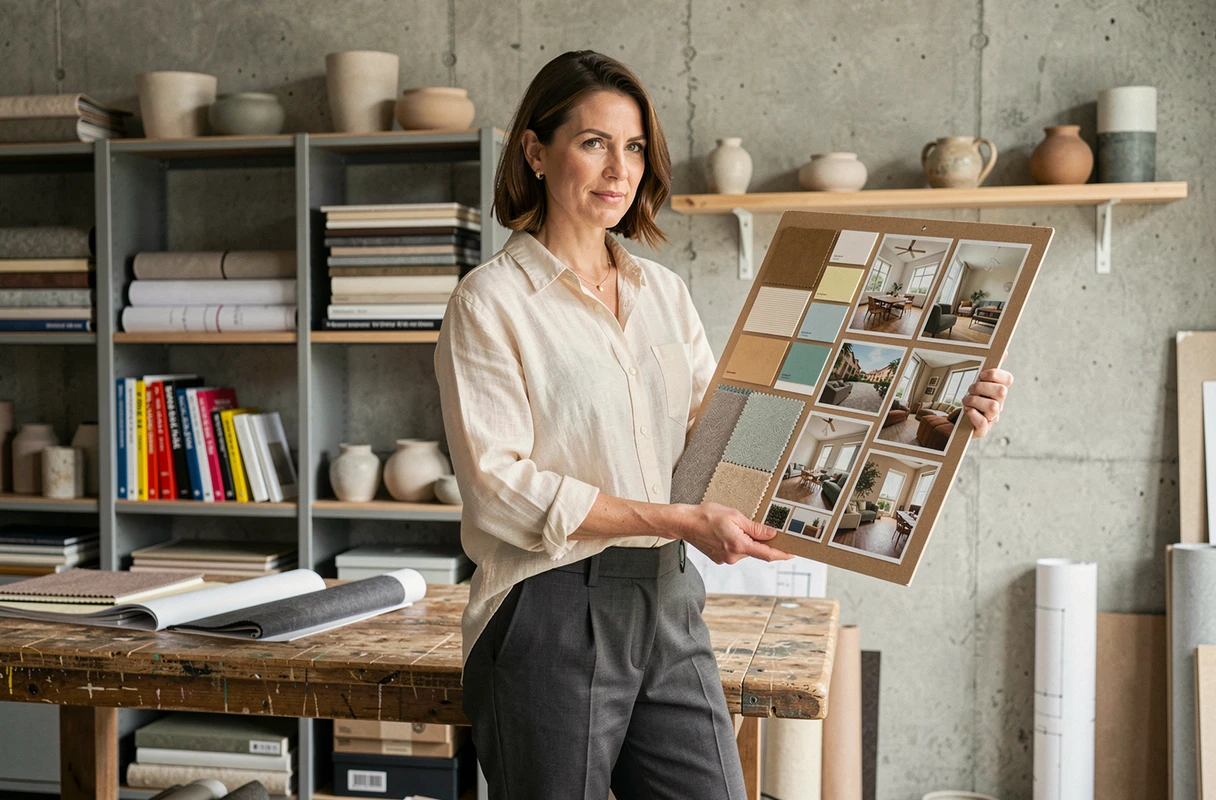 Décoratrice d'intérieur tenant un moodboard avec échantillons de tissus et inspirations couleurs dans un studio de design professionnel