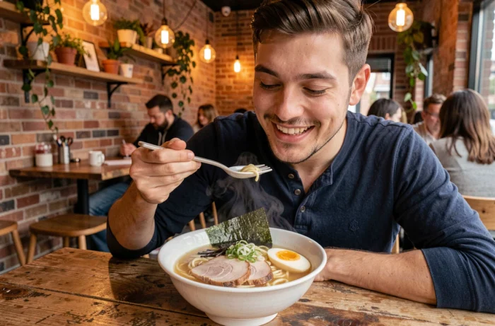 Jeune homme dégustant un bol de ramen artisanal dans un café branché avec murs en briques et décoration urbaine