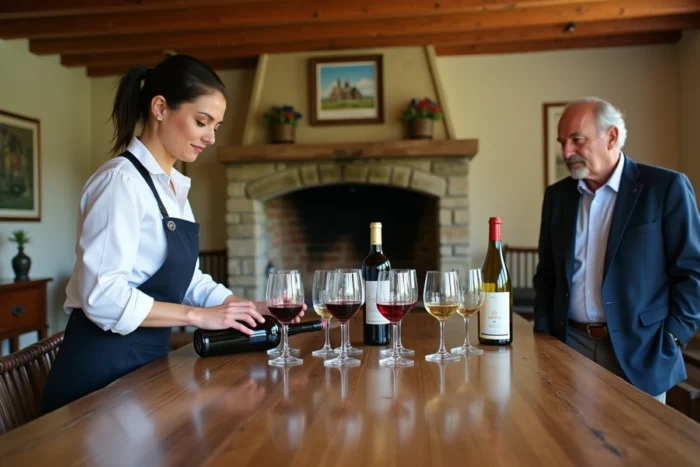 Sommelier versant du vin lors d'une dégustation dans une salle rustique d'un domaine viticole de la Loire avec bouteilles et verres sur table en chêne