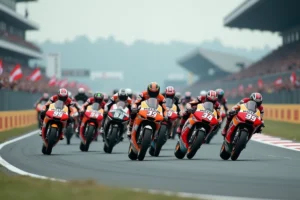Départ d'un Grand Prix MotoGP avec les pilotes sur la grille de départ sur un circuit international