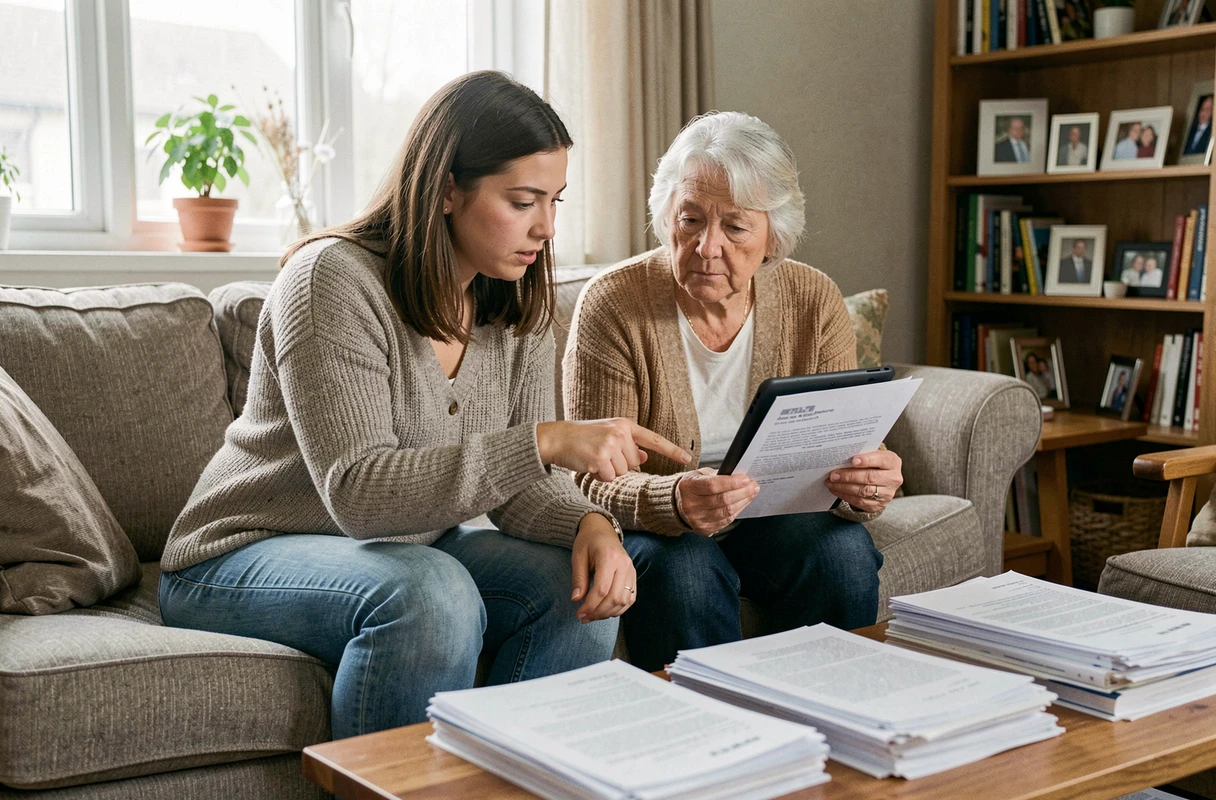 Deux femmes analysant ensemble un avis de commission d'attribution logement en consultant un forum sur une tablette dans un salon