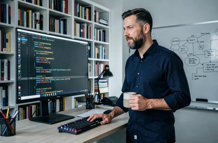 Un développeur web travaille sur du code HTML et CSS sur un grand moniteur dans un bureau à domicile