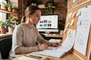 Une développeuse web analyse des maquettes de projet sur un bureau en bois dans un studio moderne