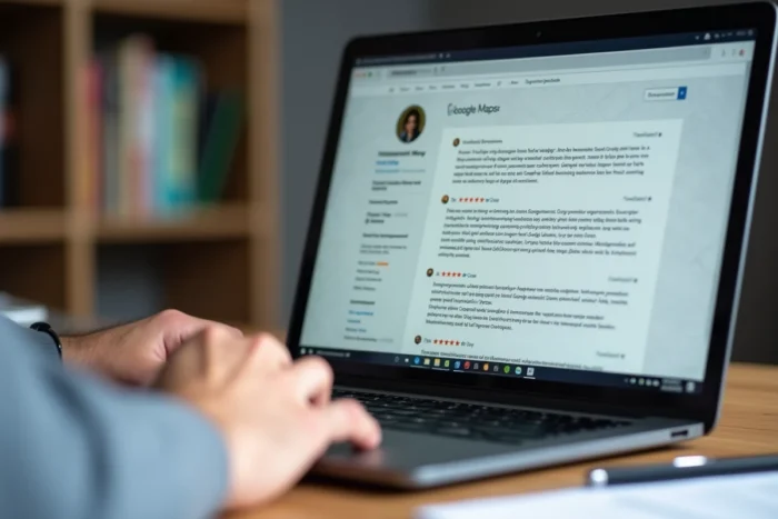 Écran d'ordinateur affichant des avis Google avec étoiles et commentaires clients, enquête sur la fiabilité des avis Depanneo