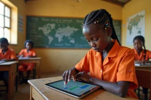 Élève africaine en uniforme orange utilisant une tablette numérique dans une salle de classe pour apprendre les mathématiques