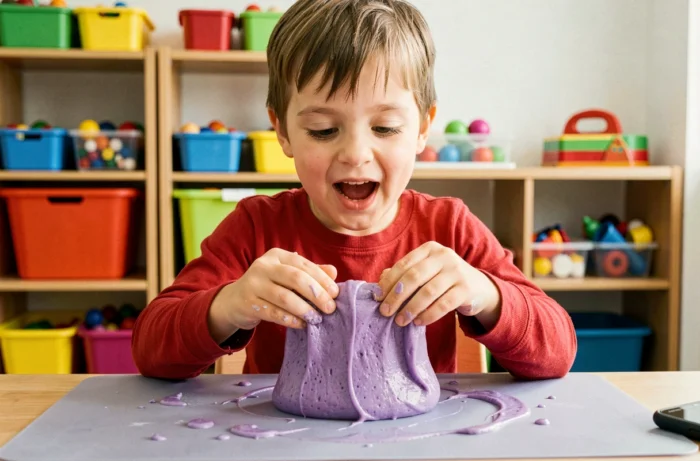 Enfant qui étire un slime violet épaissi avec succès sur un tapis de craft, activité manuelle réussie à la maison