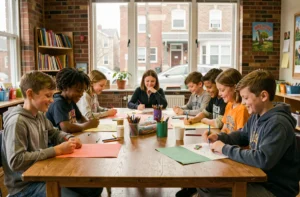 Groupe d'enfants défavorisés travaillant ensemble dans un centre communautaire lors d'un atelier éducatif solidaire