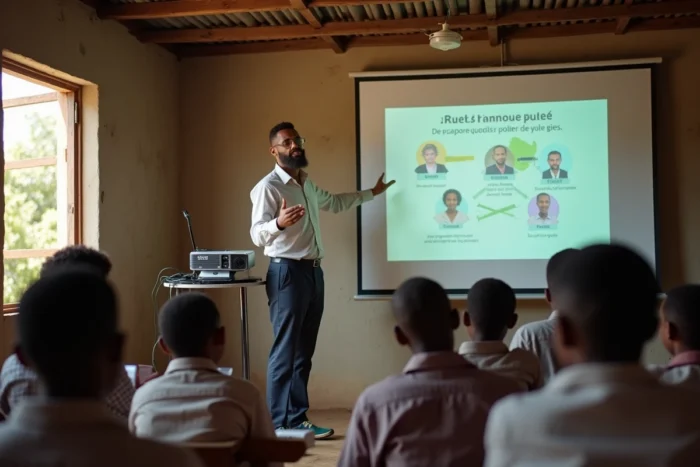 Enseignant africain utilisant un projecteur numérique pour donner un cours interactif de géographie dans un centre communautaire