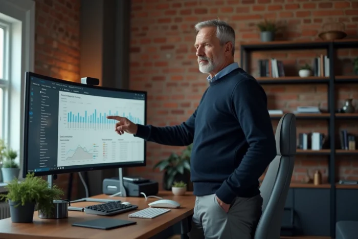Entrepreneur en télétravail gérant des solutions web innovantes sur un double écran dans un bureau à domicile aménagé