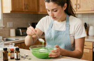 Jeune femme ajoutant de la poudre dans un bol de slime vert trop liquide pour l'épaissir, activité créative en cuisine