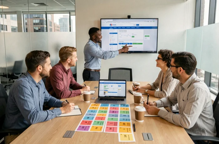 Une équipe de professionnels collabore autour d'un tableau de gestion de projet web en salle de réunion