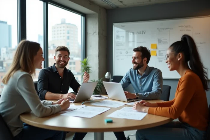 Équipe créative collaborant autour d'une stratégie de présence web innovante lors d'une réunion en salle de conférence moderne