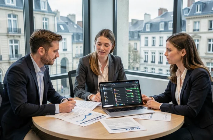 Équipe SEO discutant des résultats du TeknSEO 2026 dans un espace de coworking à Rennes