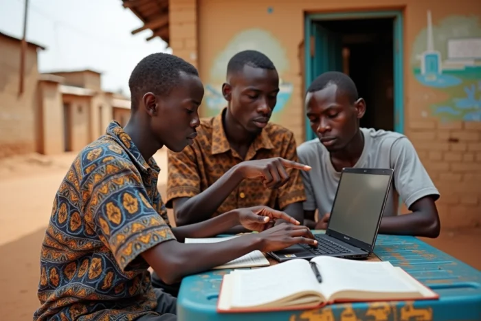 Trois jeunes étudiants africains travaillant ensemble sur un ordinateur portable devant un kiosque internet solaire en zone rurale