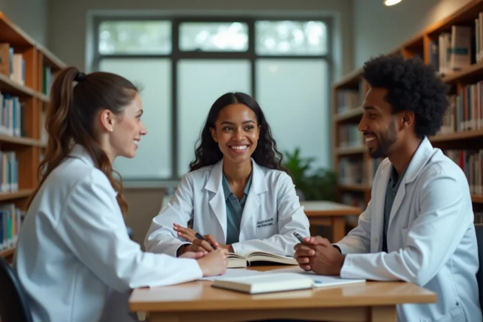 Étudiants en médecine discutant autour de manuels dans une bibliothèque universitaire de santé