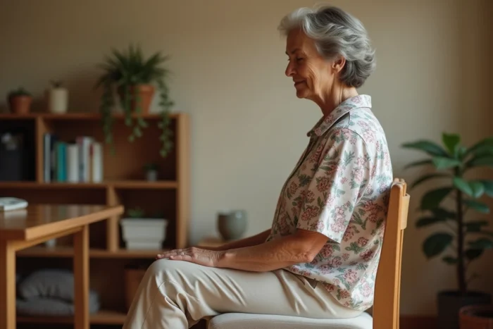 Femme âgée pratiquant un exercice de correction posturale assise sur un coussin orthopédique lors de sa rééducation du sacrum à domicile