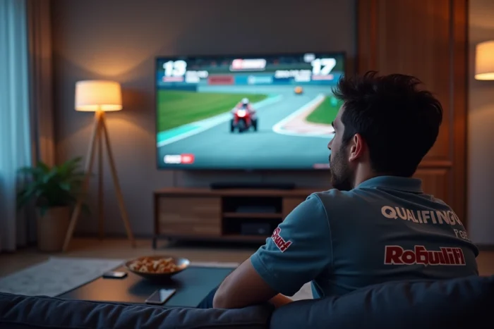 Fan de MotoGP regardant le départ du Grand Prix en direct sur sa télévision à la maison