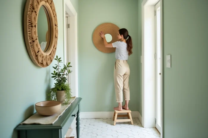 Femme accrochant un miroir en rotin au-dessus d'une console dans un couloir aux murs vert sauge