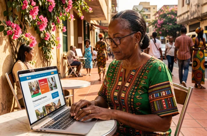 Femme africaine consultant une plateforme dédiée aux femmes du monde entier depuis un café en plein air dans une ville africaine animée