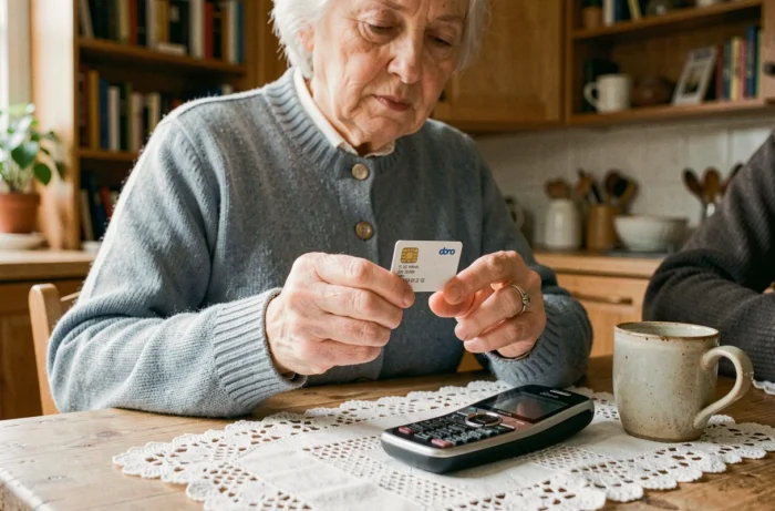 Une femme âgée tient une carte SIM et un téléphone Doro clapet sur une table de cuisine en bois
