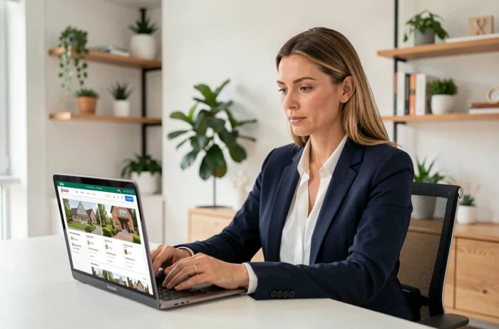 Femme utilisant une agence immobilière en ligne depuis son bureau à domicile