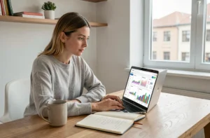 Femme analysant des statistiques de présence web sur un ordinateur portable dans un bureau minimaliste