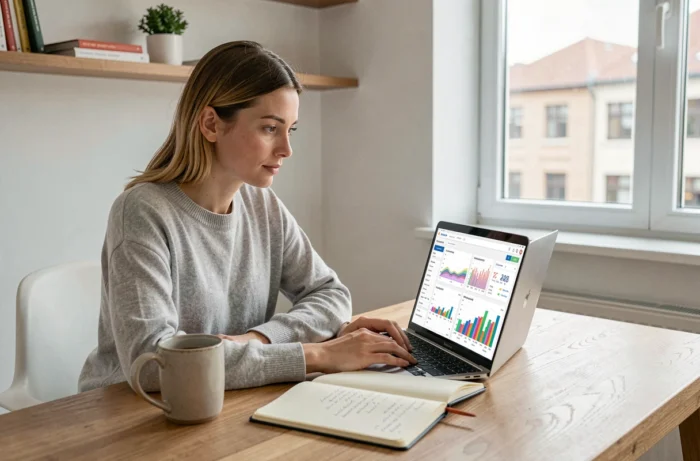 Femme analysant des statistiques de présence web sur un ordinateur portable dans un bureau minimaliste
