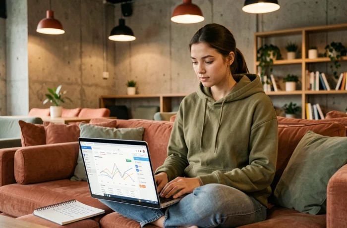 Une jeune femme consulte un tableau de bord d'analyse web sur son ordinateur portable dans un espace de coworking
