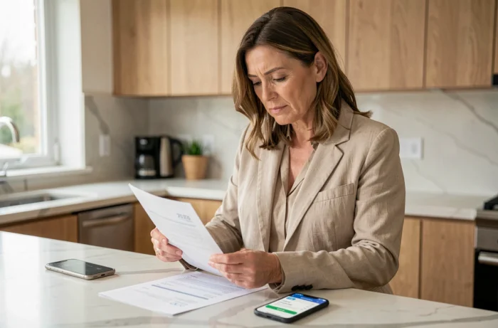 Femme auto-entrepreneuse consultant une application de facturation sur smartphone tout en vérifiant une facture papier