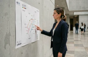 Femme consultant la carte d'un centre culturel contemporain de type Bozar pour planifier sa visite